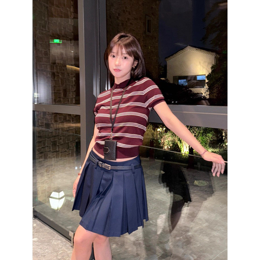 韩系撞色条纹polo衫短袖t恤女夏季miu系穿搭正肩修身短款针织上衣