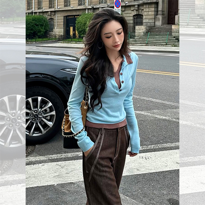 假两件翻领针织衫修身内搭打底衫