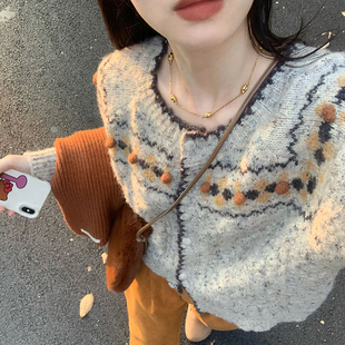 灰色复古费尔岛毛衣外套女秋冬季巨好看慵懒宽松软糯针织开衫上衣