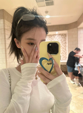 韩系白色圆领正肩长袖t恤罩衫女秋季薄款修身显瘦内搭打底衫上衣