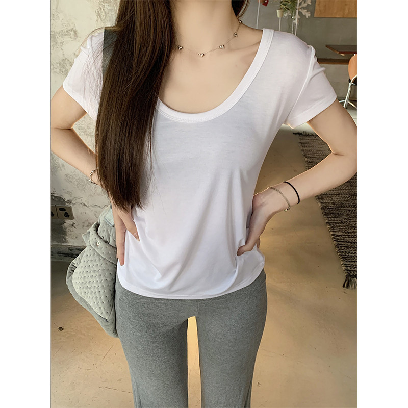 纯欲松弛感白色u领短袖t恤女夏季大领口正肩休闲修身基础百搭上衣