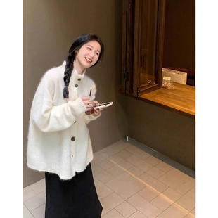 白色奶fufu高领马海毛针织开衫外套女秋冬慵懒宽松中长款立领毛衣