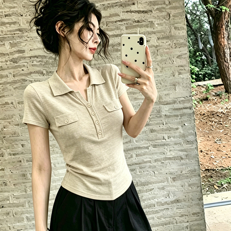 韩系polo领正肩短袖t恤女夏季新款老钱风气质修身显瘦针织衫上衣