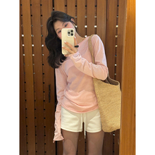 韩系粉色圆领卷边长袖T恤女春夏季修身显瘦内搭打底罩衫薄款上衣