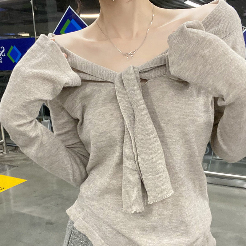 设计感v领披肩绑带针织衫上衣春