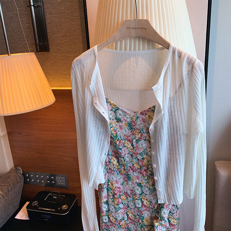 夏季超仙防晒衣白色冰丝针织开衫薄款外套女外搭配吊带裙披肩罩衫