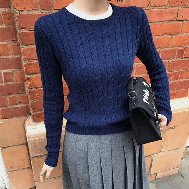 藏青色圆领麻花长袖针织衫女秋冬学院老钱风修身内搭打底毛衣上衣