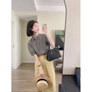 法式黑白格子泡泡袖衬衫女夏季设计感小众短袖棉麻衬衣气质上衣薄