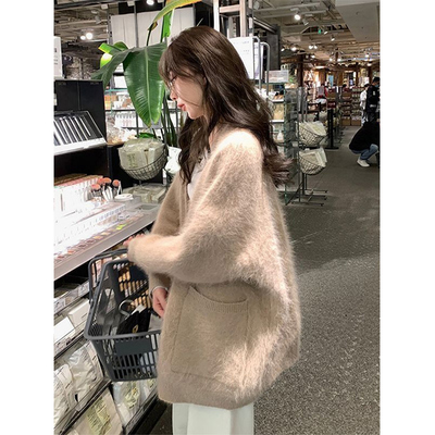 水貂绒v领毛衣外套软糯针织开衫