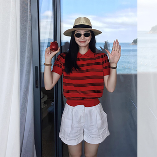 红色条纹冰丝针织短袖 t恤绝美上衣 polo衫 女夏日miu系穿搭正肩短款