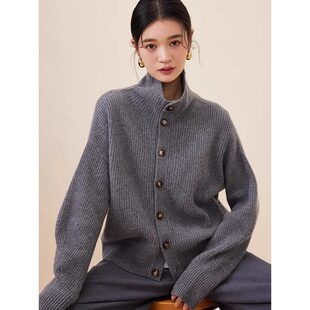 老钱风复古灰色高领毛衣外套女秋冬季高级感宽松翻领针织开衫上衣