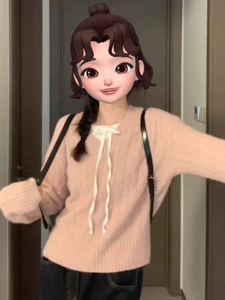 粉色V领麻花打底毛衣女秋冬季软糯宽松小个子针织衫内搭短款上衣