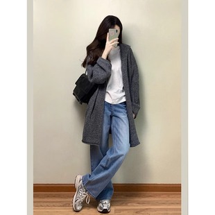 复古灰色中长款连帽开衫毛衣外套女秋冬慵懒宽松针织大衣加厚上衣