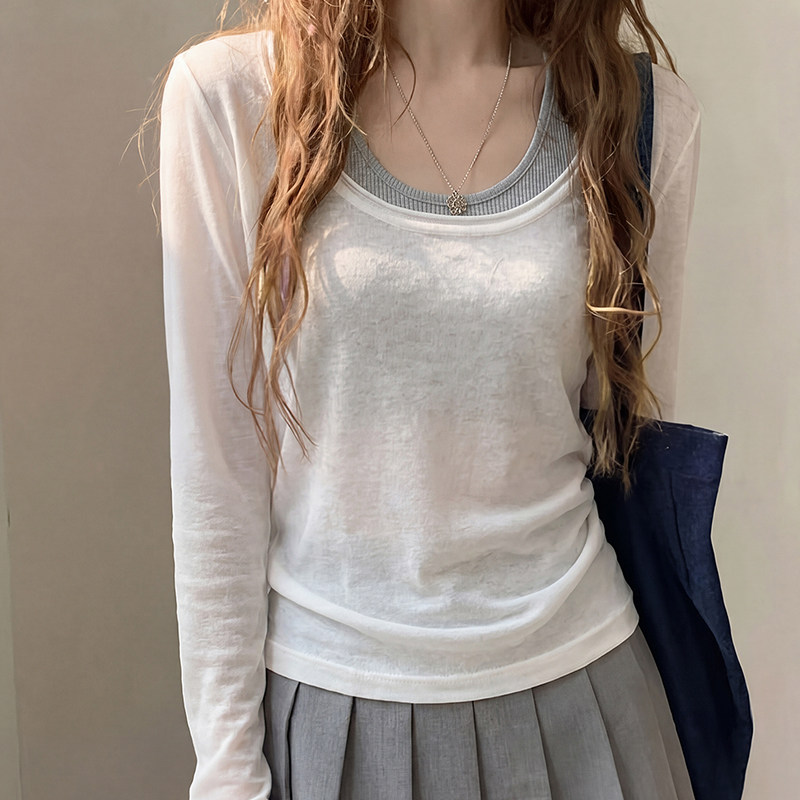 白色假两件防晒罩衫女夏季大领口慵懒风宽松薄款长袖t恤针织上衣