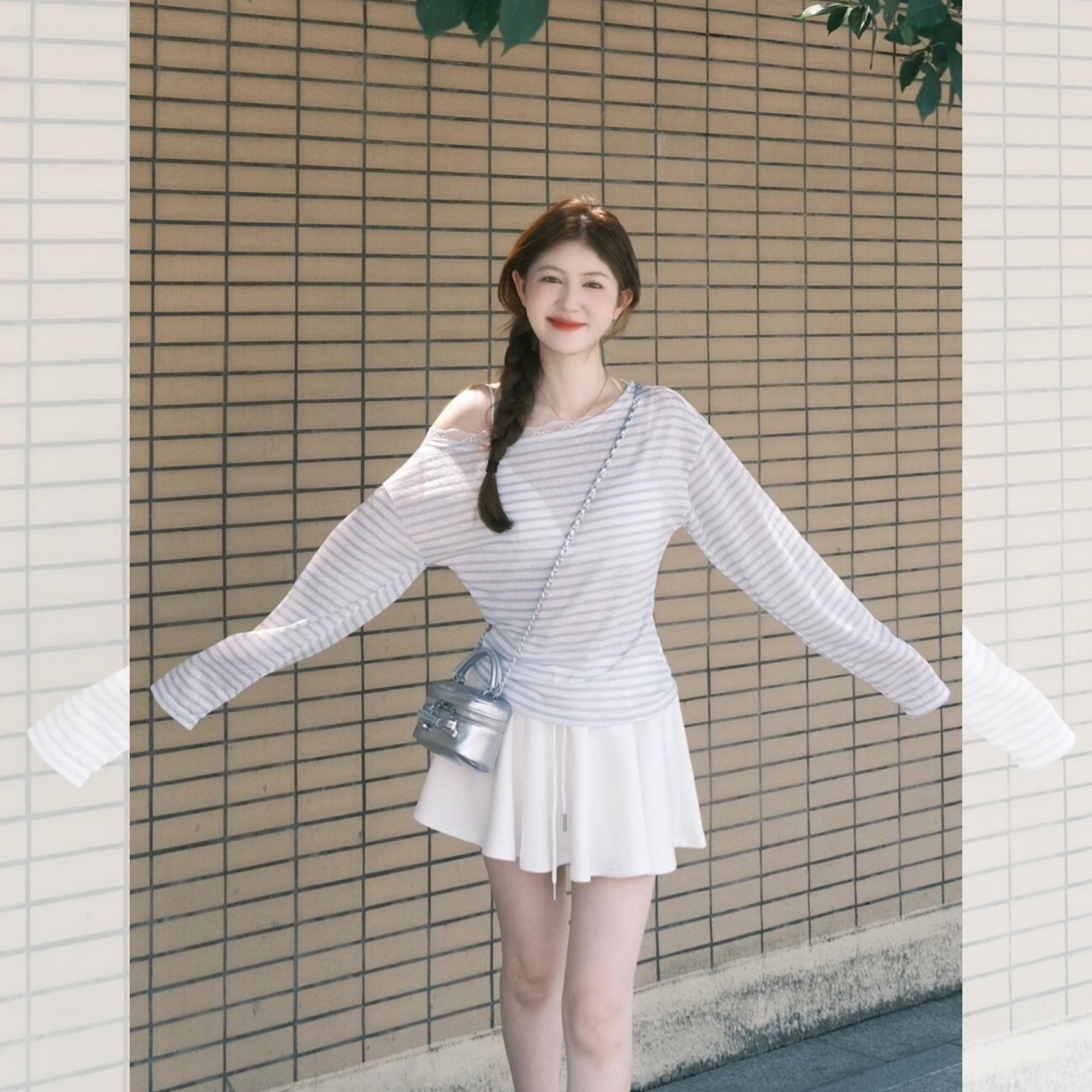 蓝色条纹一字领斜肩长袖t恤女秋季修身薄款微透防晒罩衫露肩上衣