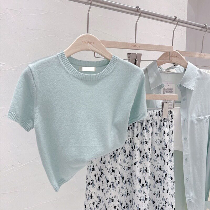 法式小香风薄荷绿短袖T恤女2026夏季高级感气质冰丝针织衫上衣薄