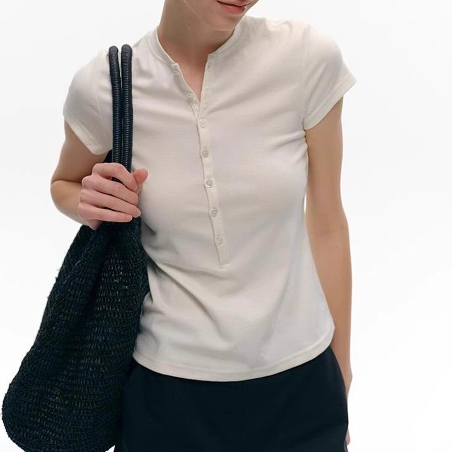 白色半开亨利领正肩短袖t恤女夏季设计感修身短款气质v领体恤上衣