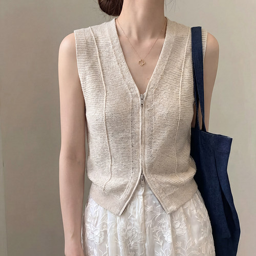 高级感双拉链v领针织马甲女夏季