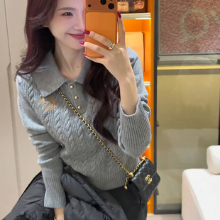 老钱风灰色polo翻领麻花毛衣女秋冬高级感修身短款针织衫内搭上衣