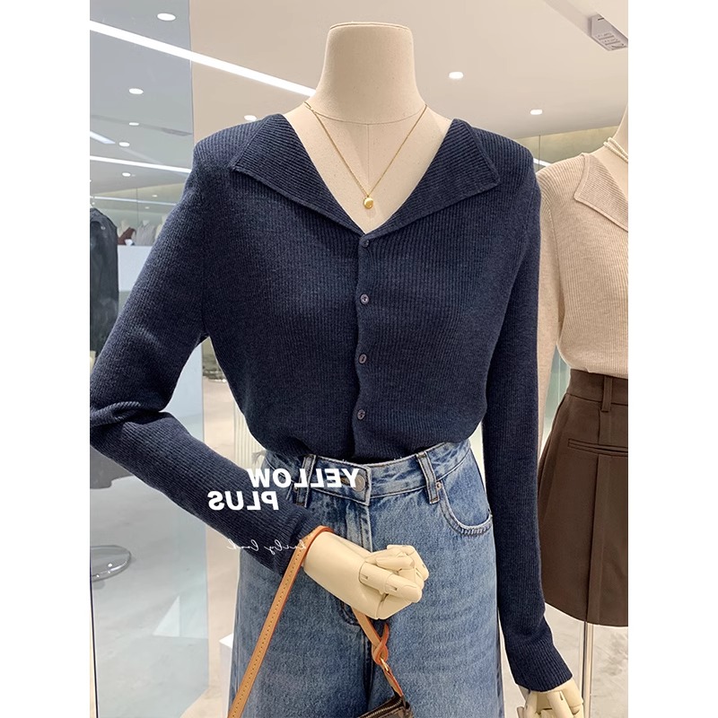 藏蓝色气质V领针织开衫女春季高级感翻领修身薄外套内搭打底上衣