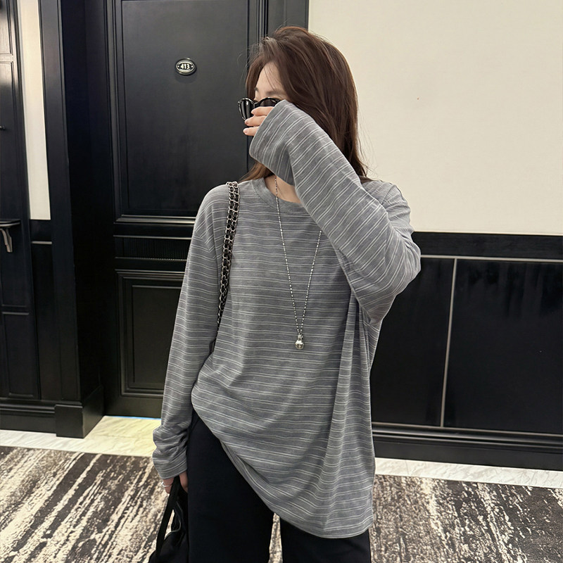 条纹长袖t恤慵懒宽松防晒衫打底