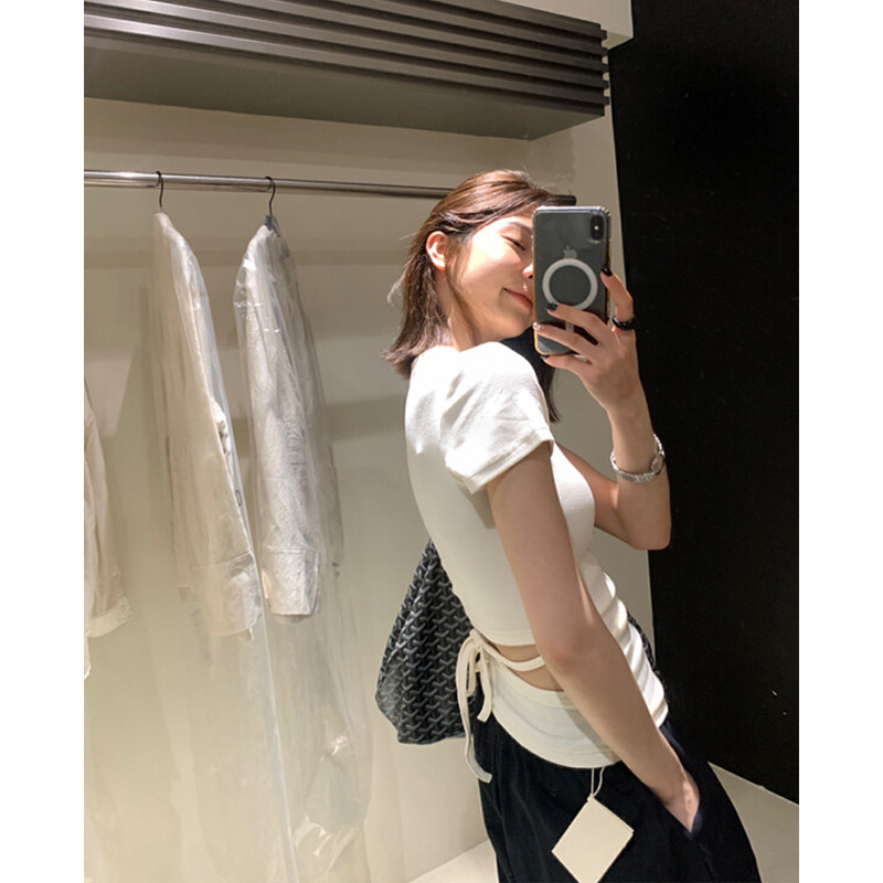 白色漏腰短袖T恤女正肩修身显瘦