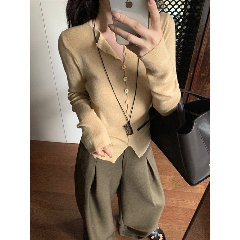 韩系老钱风针织打底衫女2025年秋修身设计感羊毛开衫内搭上衣秋冬