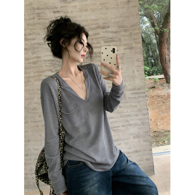 慵懒松弛感v领防晒长袖t恤女春季老钱风休闲宽松薄款针织罩衫上衣