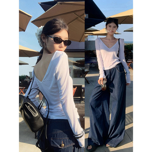 辣妹露背V领白色长袖T恤女内搭秋