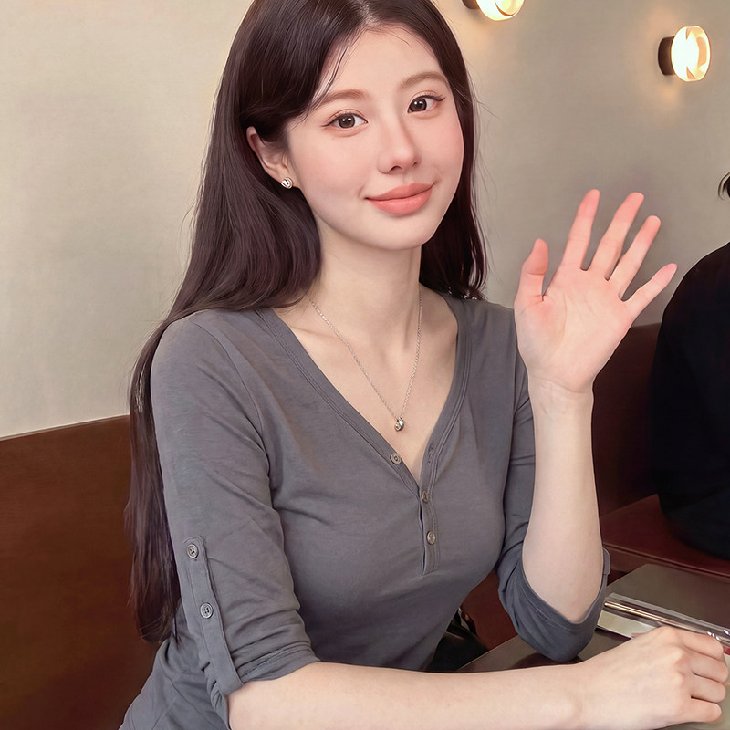 美式辣妹v领半袖t恤修身中袖上衣
