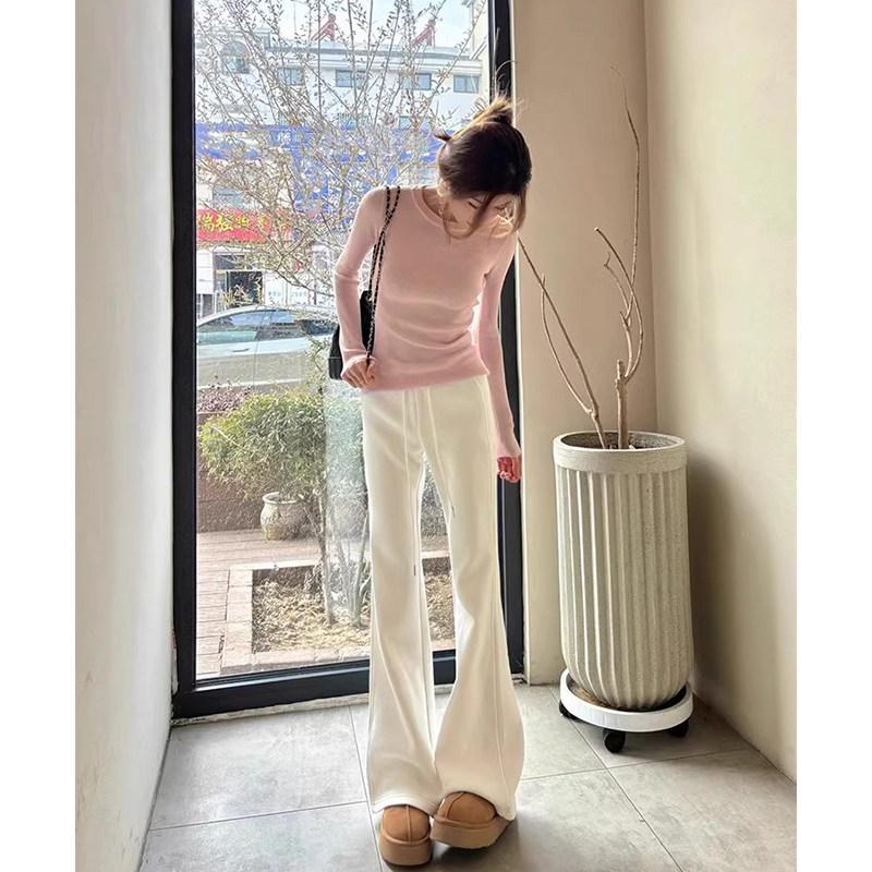 韩系修身粉色针织衫女长袖内搭秋季正肩薄款毛衣打底衫温柔风上衣