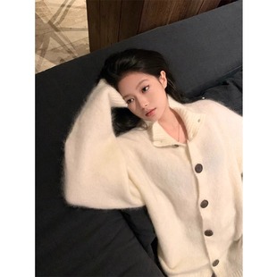 白色高领马海毛针织开衫毛衣女秋冬慵懒中长款宽松软糯上衣外套厚