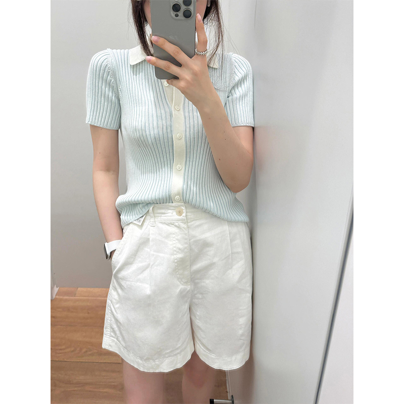 设计感Polo翻领冰丝短袖女针织开衫夏季修身正肩T恤韩系坑条上衣