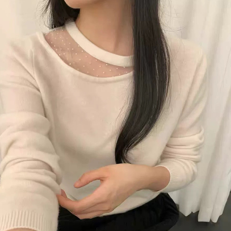 小香风波点蕾丝针织衫修身上衣韩