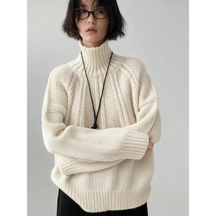 欧货杏色粗线高领毛衣女秋冬高级感可外穿内搭宽松加厚针织衫上衣