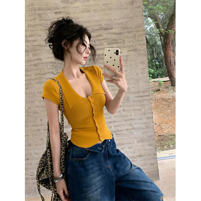 法式橘色polo领短袖针织衫女夏季穿搭高级感修身短款翻领开衫上衣