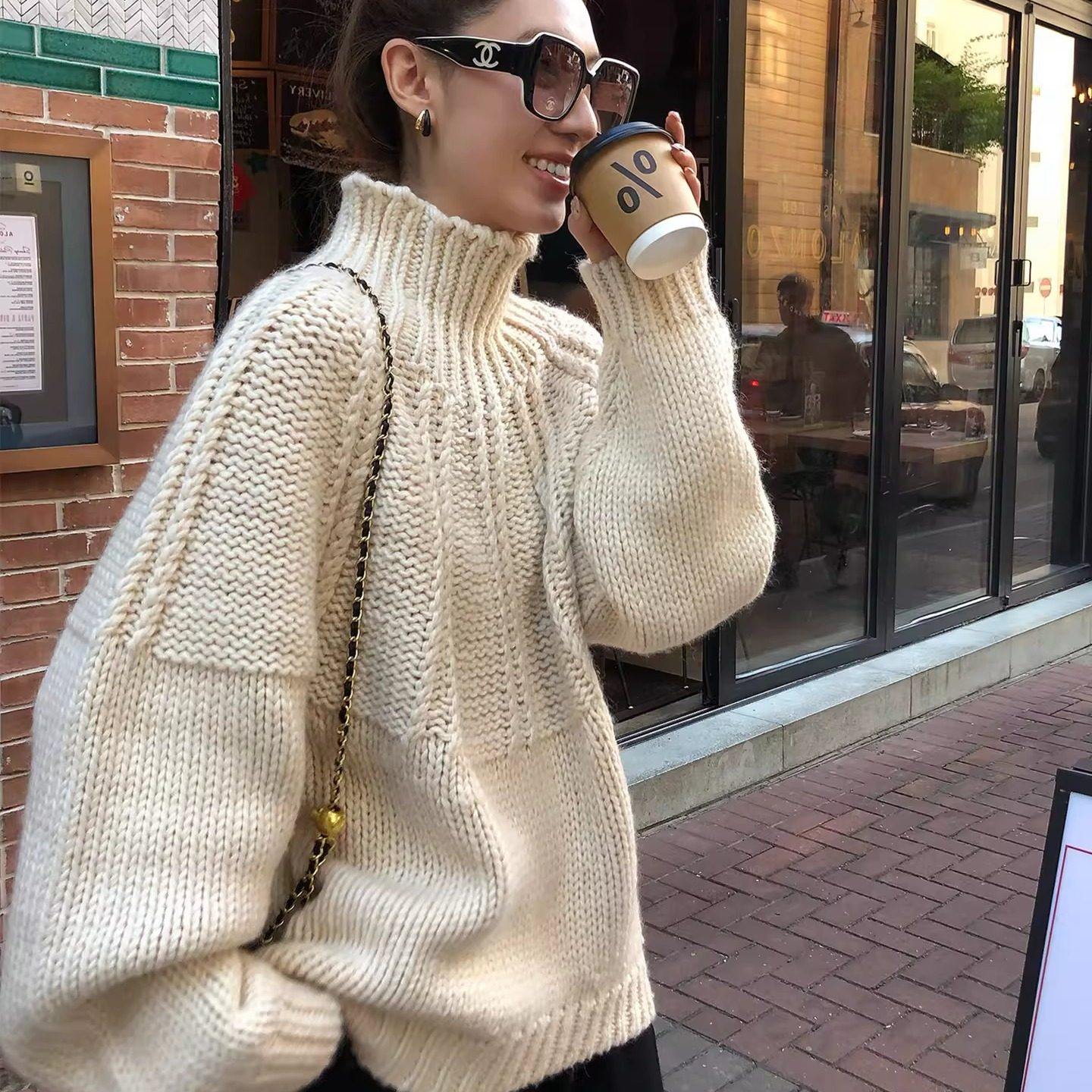 老钱风杏色粗线高领毛衣女秋冬慵懒高级感宽松加厚针织衫内搭上衣