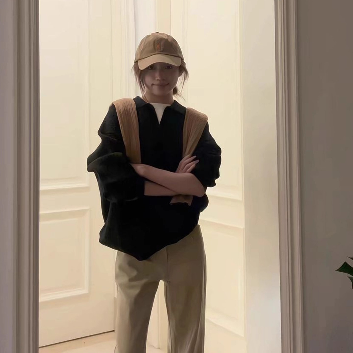 假两件v领针织毛衣宽松翻领上衣