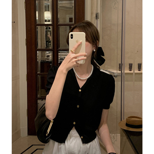 法式黑色短款针织开衫女2025夏季新款v领小香风气质短袖上衣薄款