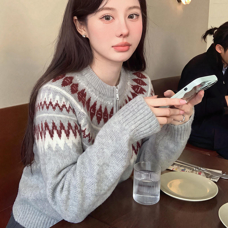 复古费尔岛立领拉链毛衣外套上衣