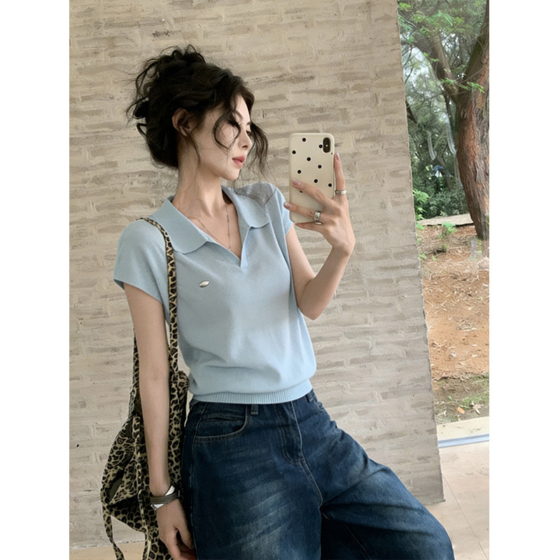 蓝色冰丝针织短袖polo衫女夏季老钱风穿搭小飞袖薄款翻领t恤上衣