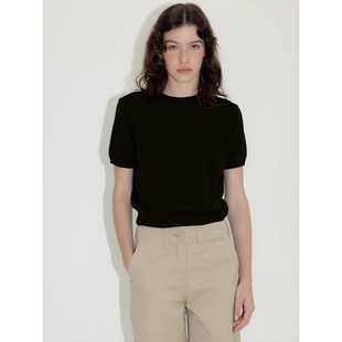 高级感黑色正肩短袖T恤女夏季美式宽松卡腰短款针织衫半袖小上衣