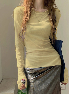 奶黄色正肩长袖T恤女修身罩衫春秋季薄款打底衫内搭微透防晒上衣