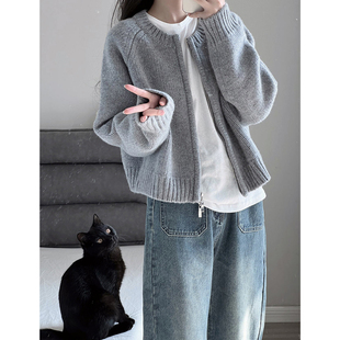 韩版拉链毛衣外套女秋季小个子慵懒风高级感短款针织开衫加厚上衣