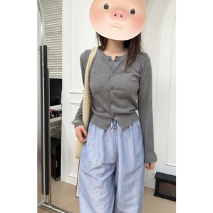 灰色修身长袖薄款针织开衫女秋季外搭短款毛衣外套小个子内搭上衣