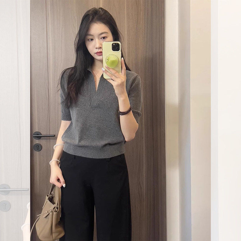 老钱风灰色短袖polo衫t恤女夏季穿搭正肩修身v领针织衫高级感上衣