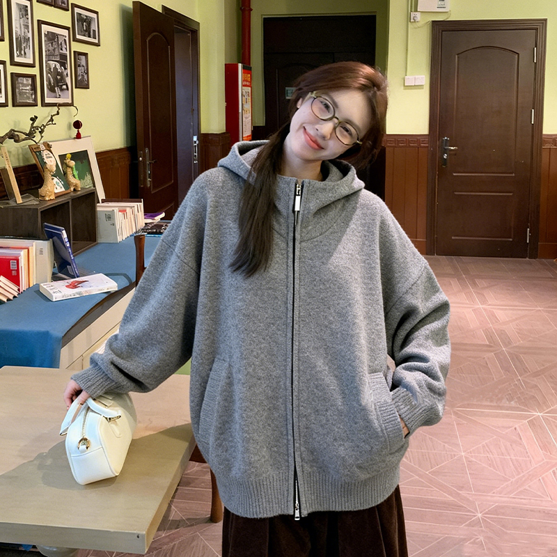 松弛感连帽毛衣外套宽松针织衫厚