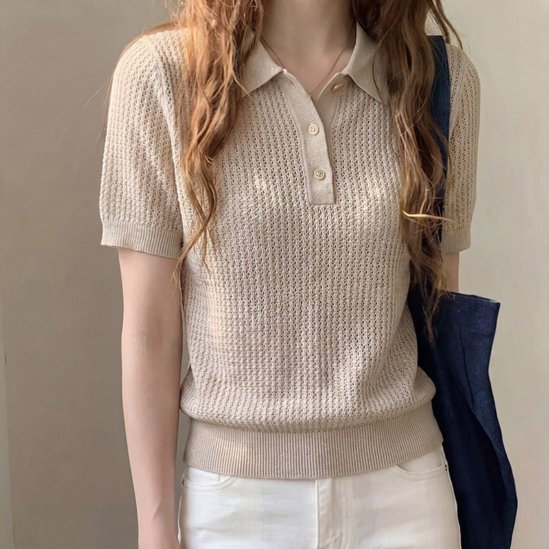 韩系杏色镂空短袖polo衫t恤女夏季老钱风正肩修身显瘦针织衫上衣