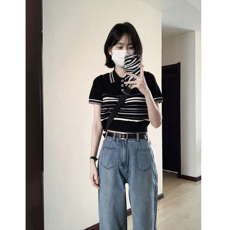 复古撞色条纹冰丝Polo领针织短袖女夏季修身短款正肩翻领T恤上衣