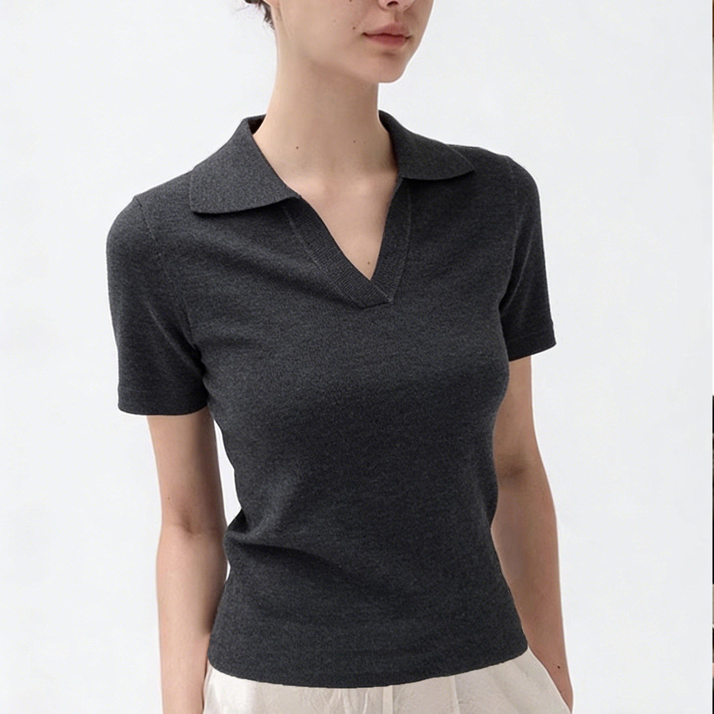 法式气质灰色短袖polo衫女夏季老钱风穿搭v领修身短款针织t恤上衣